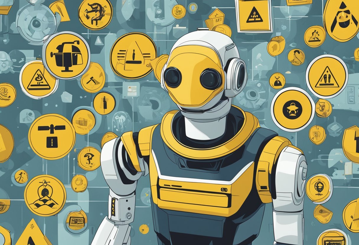 An AI robot surrounded by a circle of caution signs and ethical guidelines