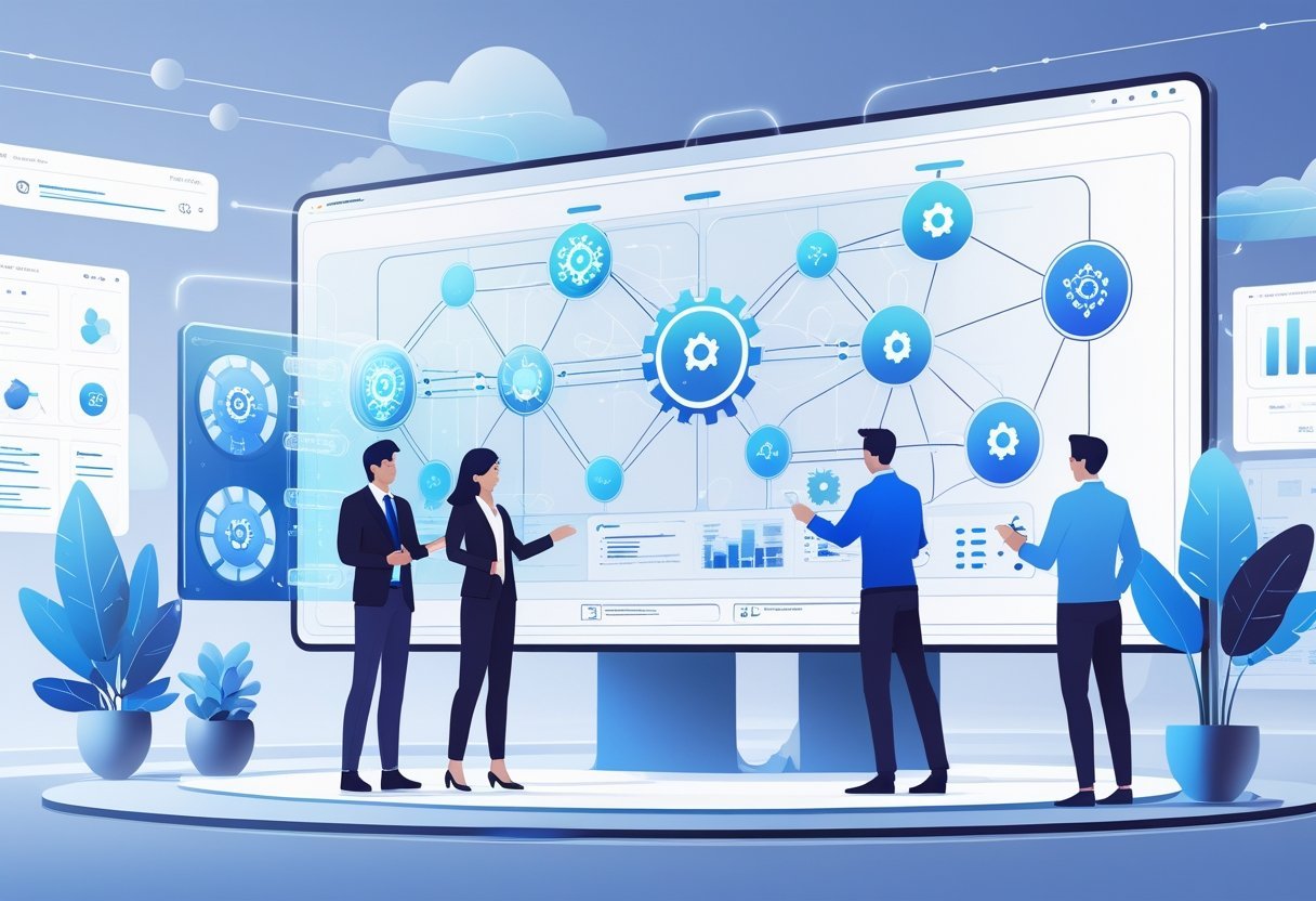 A digital workspace showing professionals interacting with holographic flowcharts and AI-related icons representing automated workflows.