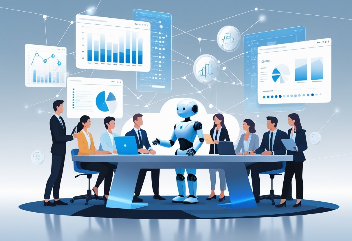 A humanoid AI robot working with professionals around a digital table in a modern office with floating data interfaces and glowing lines representing automation.