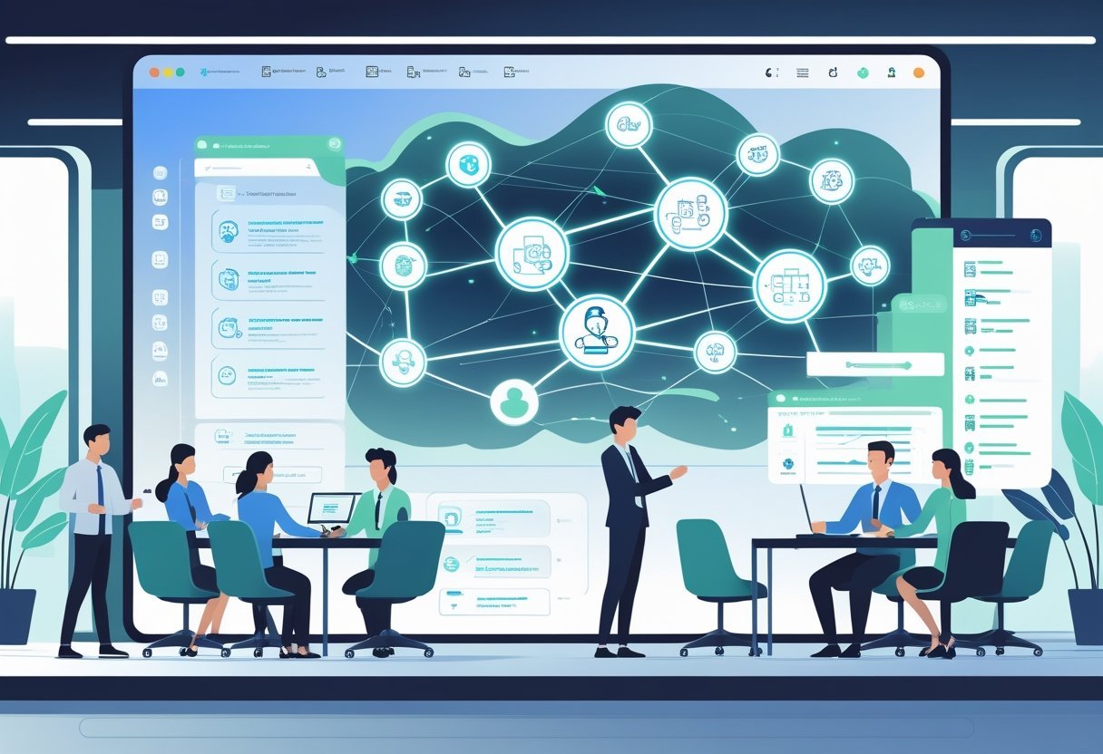 A team of professionals working together with a large digital display showing interconnected icons representing AI and automated workflow processes in a modern office.