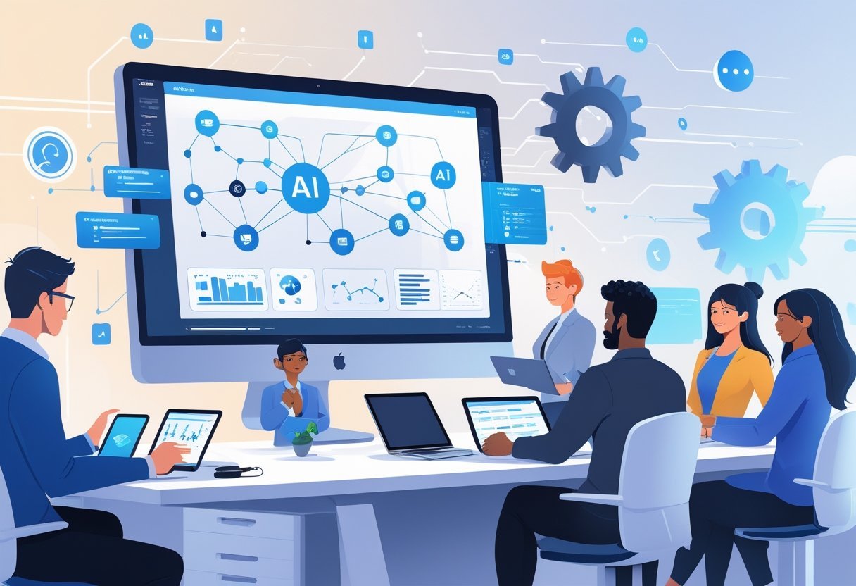 A modern workspace with professionals collaborating around a desk displaying interconnected flowcharts and digital elements representing AI workflow automation.
