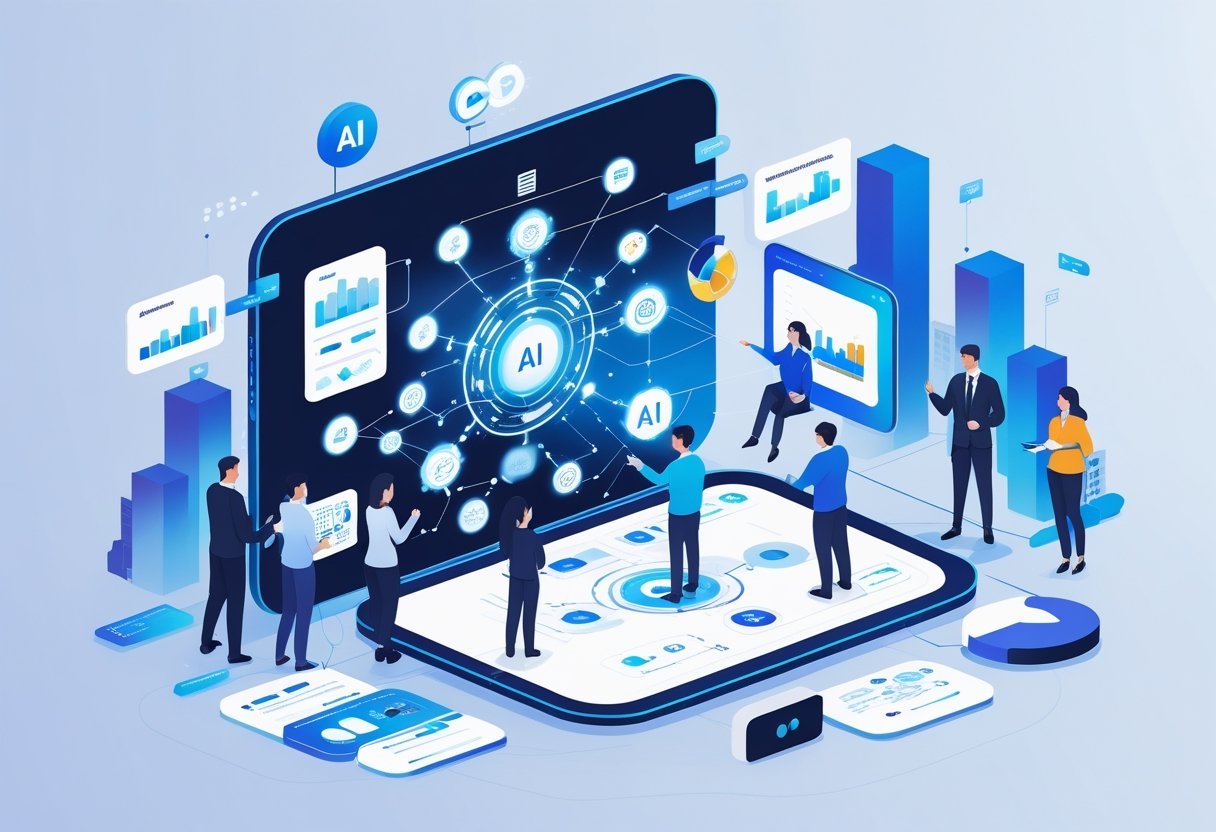 A digital workspace showing professionals interacting with a holographic interface displaying icons for AI, data analytics, and marketing automation surrounded by charts and digital marketing symbols.