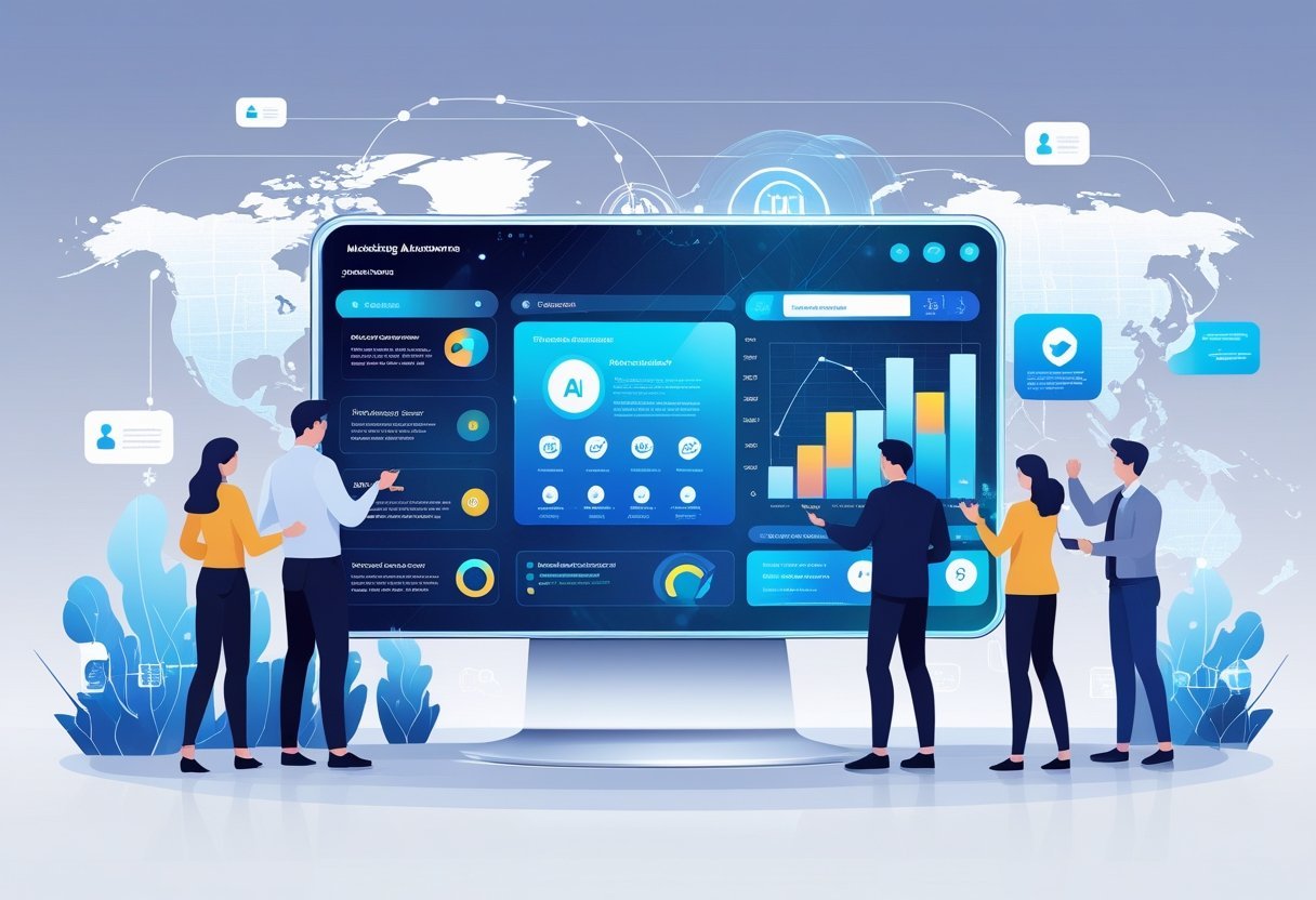 A group of professionals interacting with a futuristic AI interface displaying marketing automation features like charts, icons, and data streams.