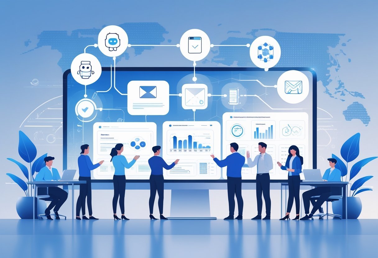 A team of marketers working together around a digital screen showing icons representing AI tools for marketing automation.