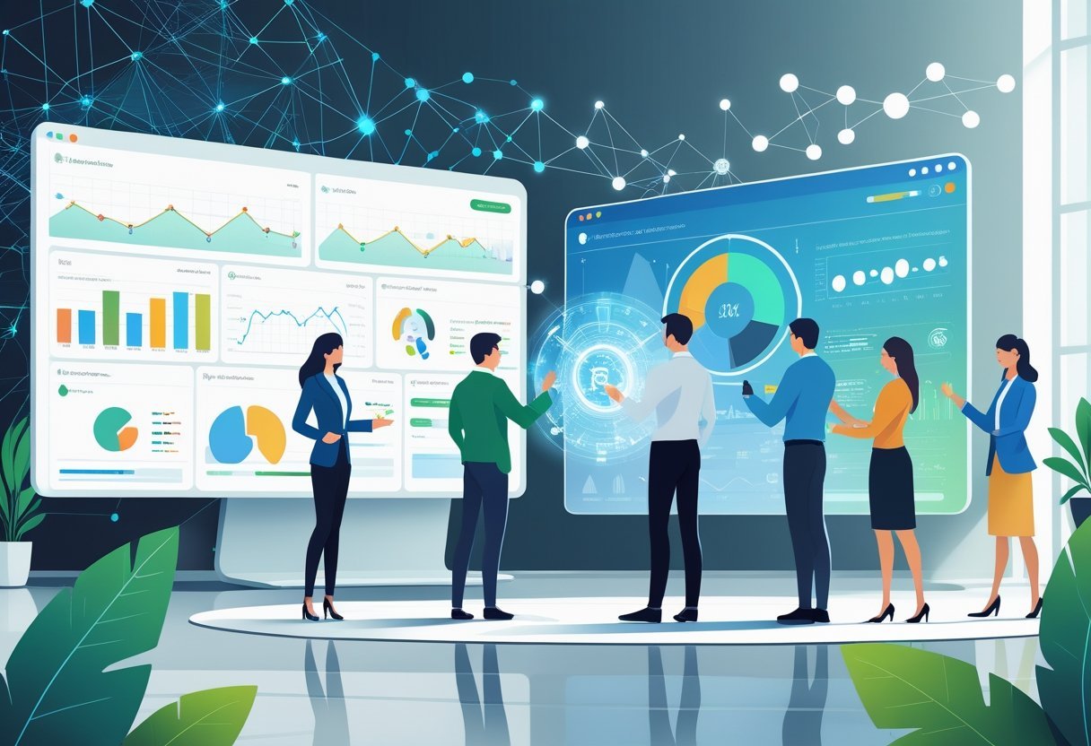 A team of marketing professionals analyzing data on a large digital dashboard with holographic AI interfaces in a modern office.